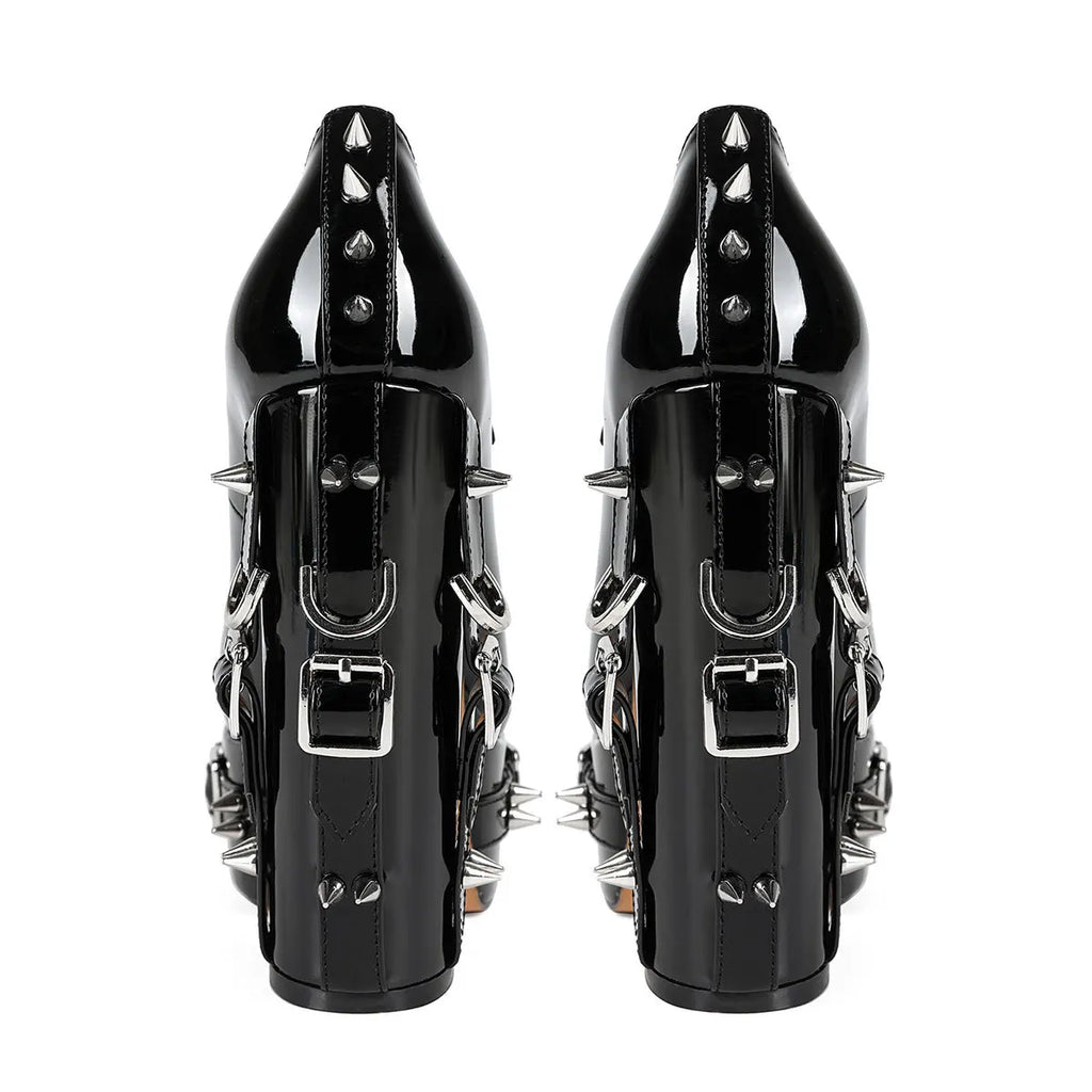Spring Summer Punk Metal Rivet Buckle Belt Rings Thick High Heels Shoes Women Gothic Cosplay Chunky Platform Pumps Large Size 45