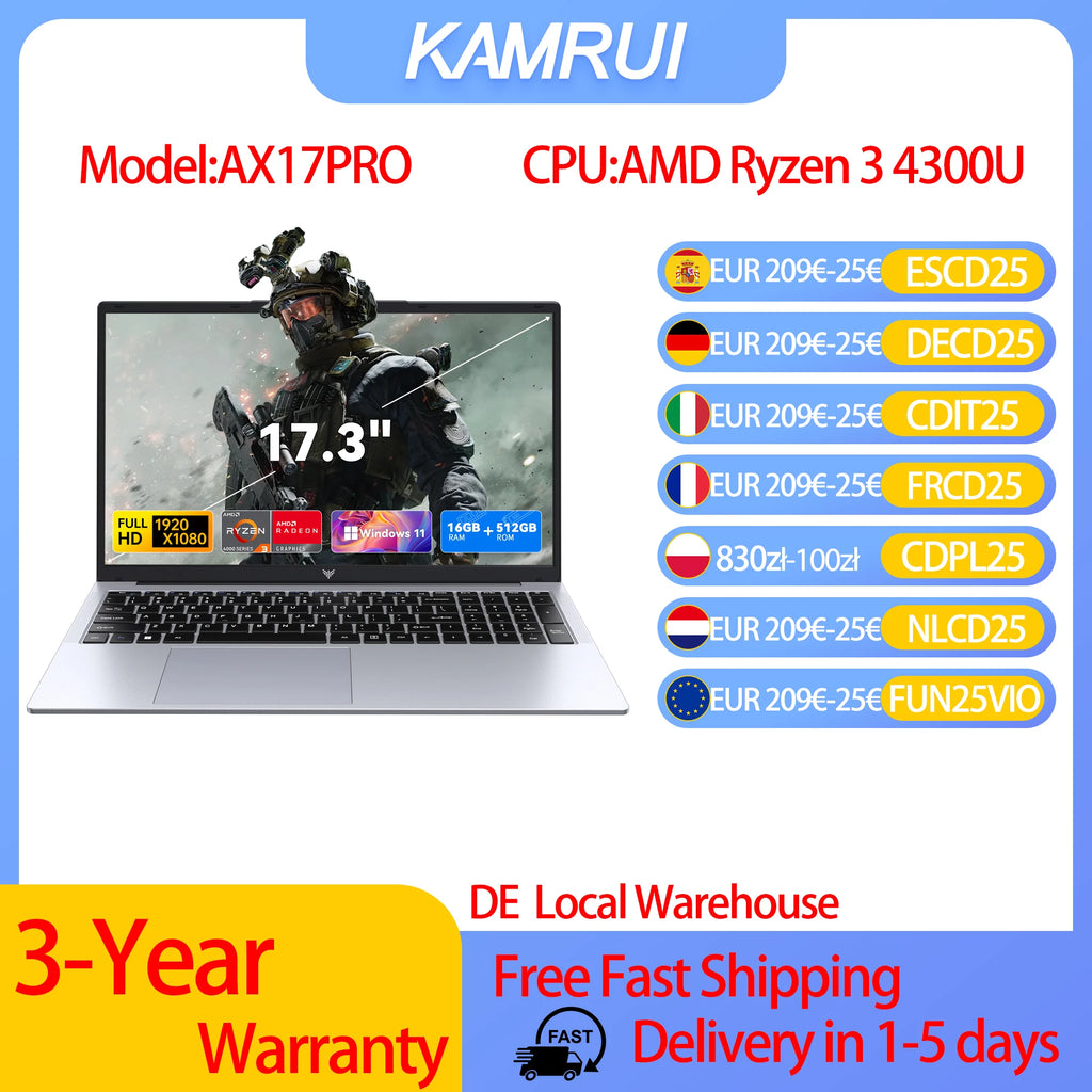 KAMRUI 17.3 AMD Ryzen 3 4300U Laptop 16GB DDR4 RAM 512GB SSD Lightweight Business Laptop Windows 11 Pro Laptops