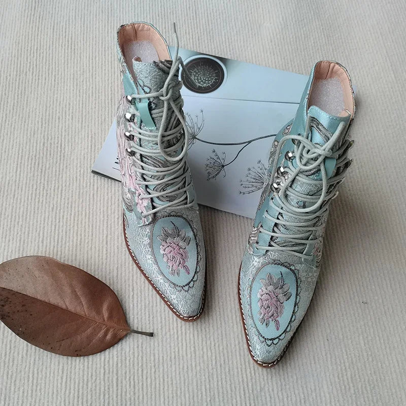 Floral Embroidered Silk Ankle Boots – Statement Heel