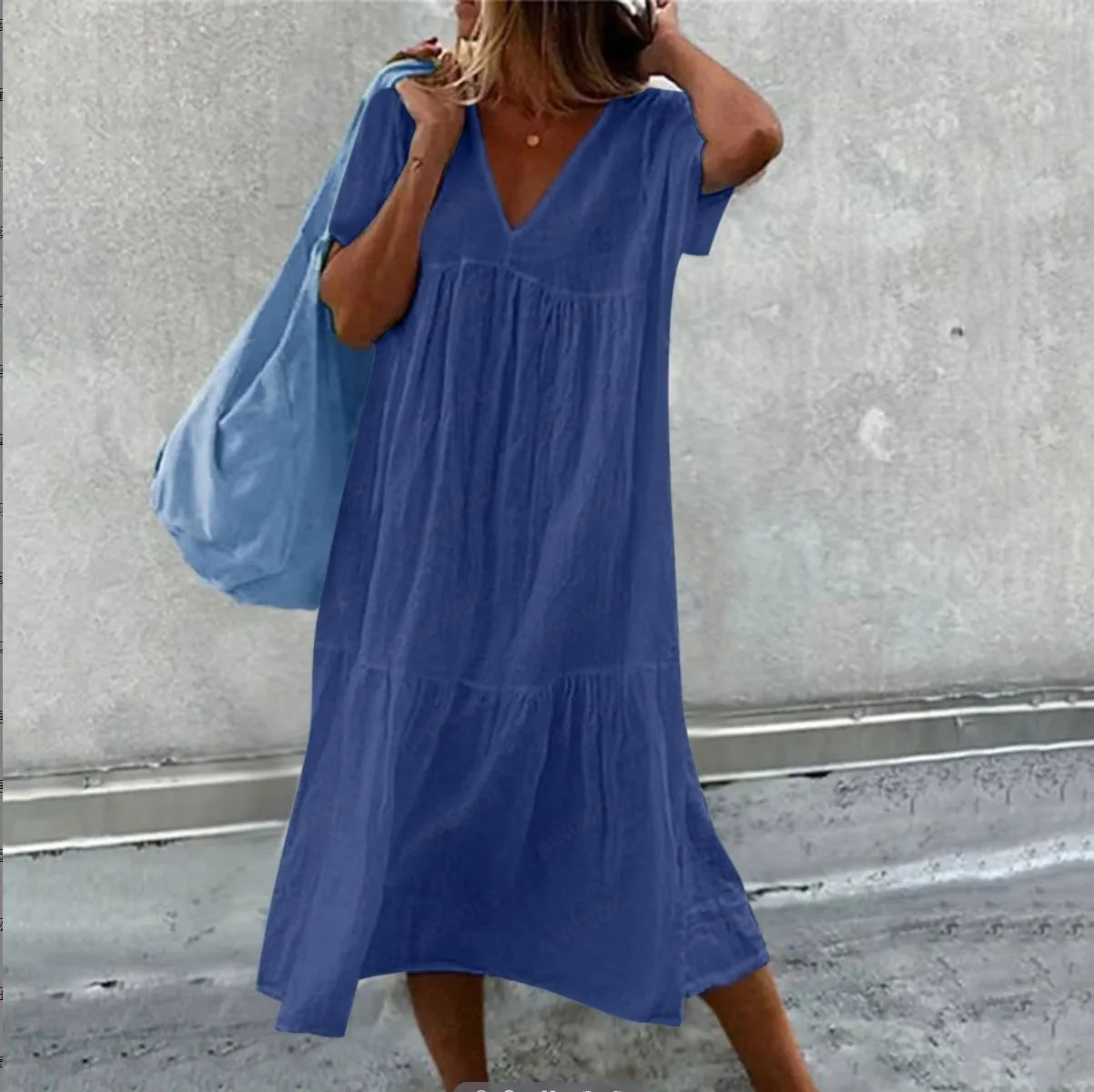 2025 New Women's Long Skirt Cotton Linen Short Sleeve O-neck Loose Solid Color Fashion Simple Vacation Pink Dress