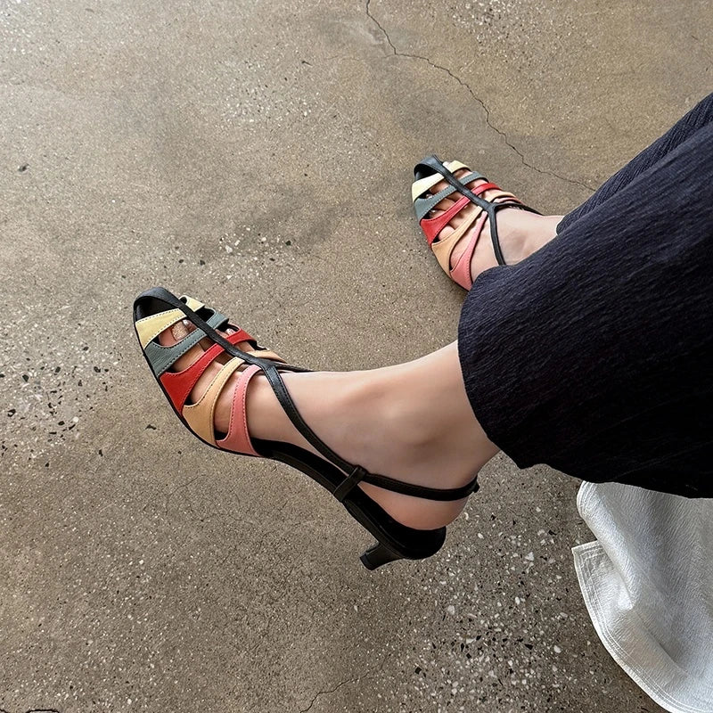 2026 New Genuine Leather Cowhide Women Sandals Buckle High Heels Mixed Color  Sandals Summer Fashion Party Womens Shoes