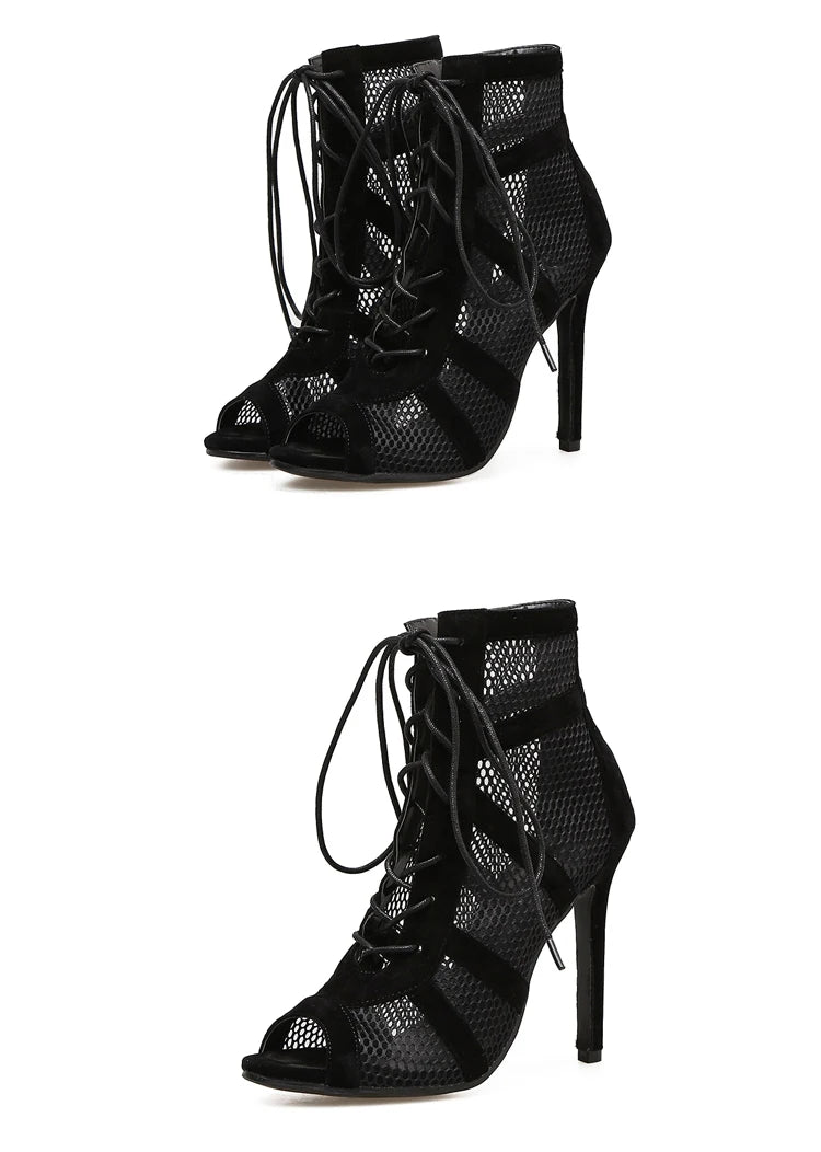 Black Sexy Lace Up Cross-tied Women Shoes Comfort High Quality Thin Heels Open Toe Dancing Sandals Ankle Strap Hollow Out Pumps