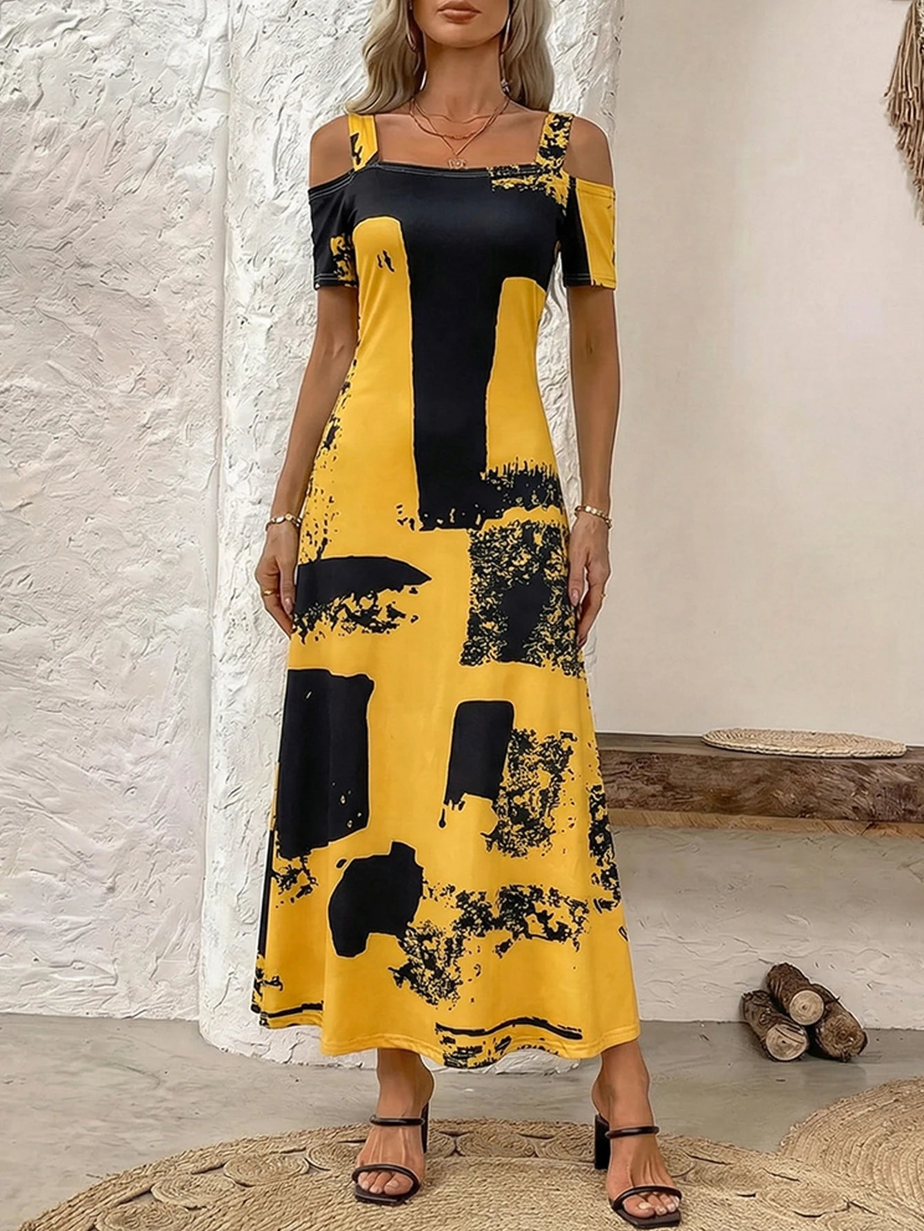 Plus Size Yellow Black Abstract Print Cold Shoulder Maxi Dress Summer Casual Short Sleeve A Line Flowy Long Sundress