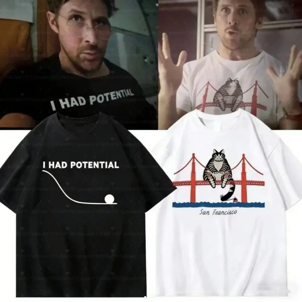 Y2k T Shirts Project Hail Mary - I Had Potential Graphic CAT Print T-Shirt Cotton O-Neck T-Shirt Casual Loose Streetwear Unisex