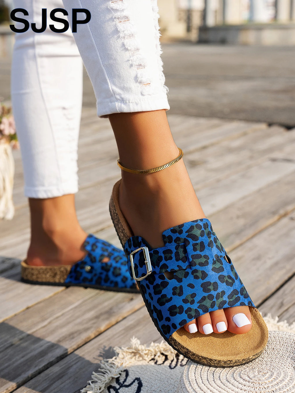 SJSP Women's Leopard Print Flat Sandals Buckle Strap