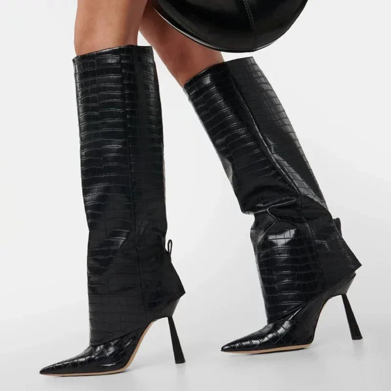 Knee-High Pointed Stiletto Boots – Stone Pattern & PU