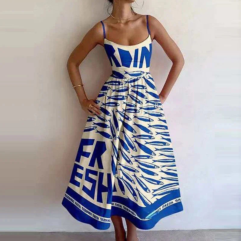 Retro Luxury Sardines Dress For Women Sexy Hand-Painted Printed Elegant Vest Summer 2025 Ladies Tight Chic Strap Long Dress
