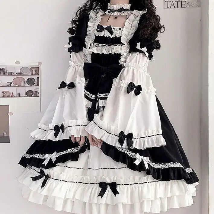 Lolita Dress OP White Night Aurora - Detachable Sleeves Korean Bow Lace Dress, Sweet Gothic Aristocrat Jumper Skirt, Kawaii Cosp