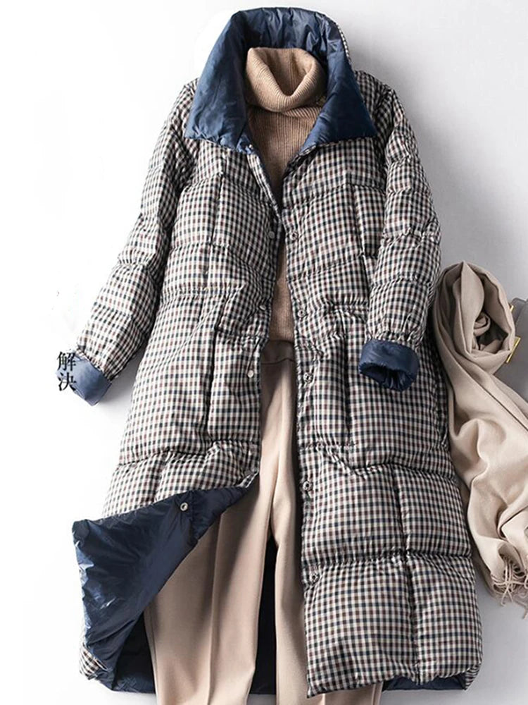 Plaid Double-Sided Down Coat – 85% Duck Down Long
