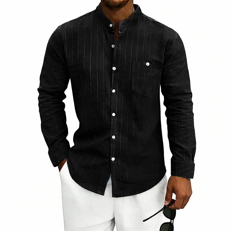 STRIPED LINEN JACQUARD SHIRT - Stand Collar, Loose Fit, Long Sleeve - Easy Days