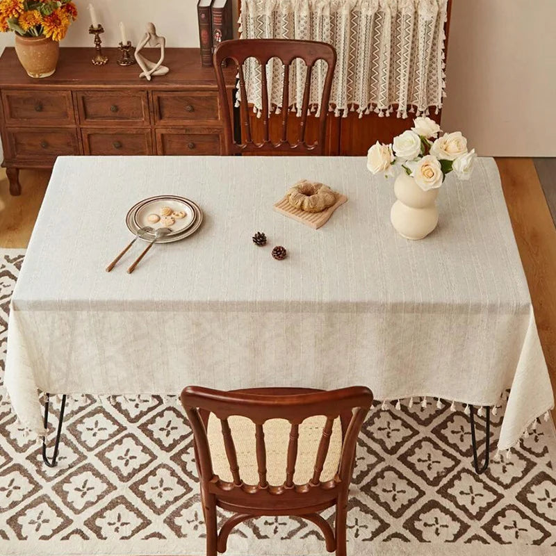 STRIPED LINEN TABLECLOTH WITH TASSELS - Thick Jacquard Weave, 12 Sizes - Laid-Back Tables, Real Texture