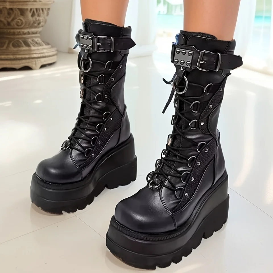 Rivet Buckle Punk Wedge Mid-Calf Boots – Goth Platform