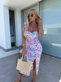 Women's Floral Ruffled Midi Dress Square Neck Side Slit Ideal for Summer Vacations Beach Outings Bohemian Styles