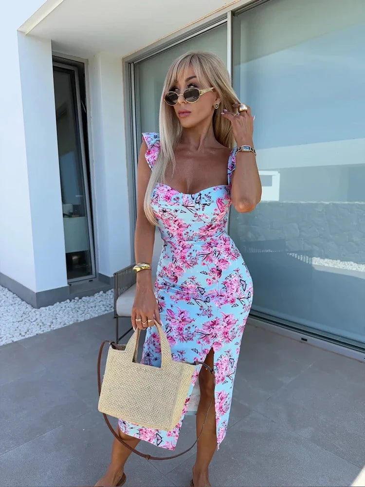 Women's Floral Ruffled Midi Dress Square Neck Side Slit Ideal for Summer Vacations Beach Outings Bohemian Styles