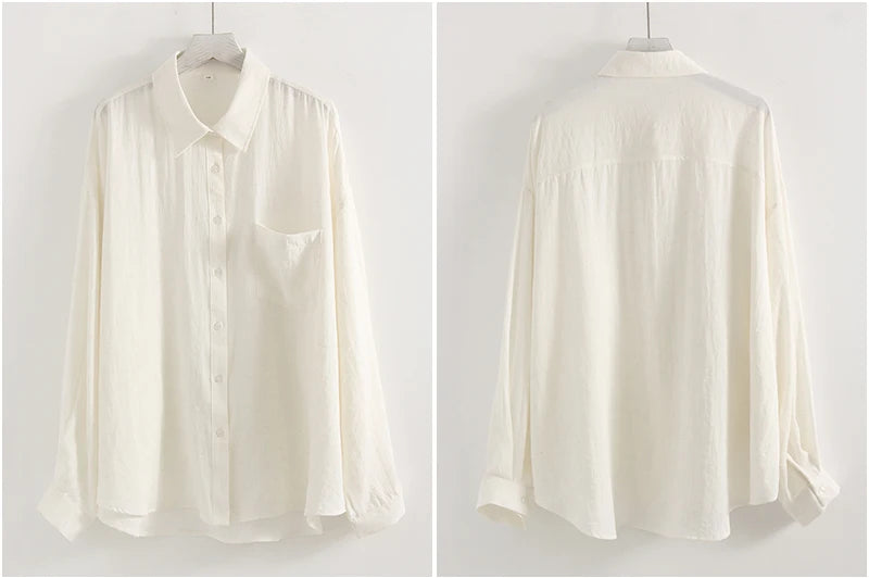 Streamgirl Summer White Linen Shirts For Women Oversized Long Sleeve Tops Lady Loose Basic Linen Tops Women Blue Shirts Oversize