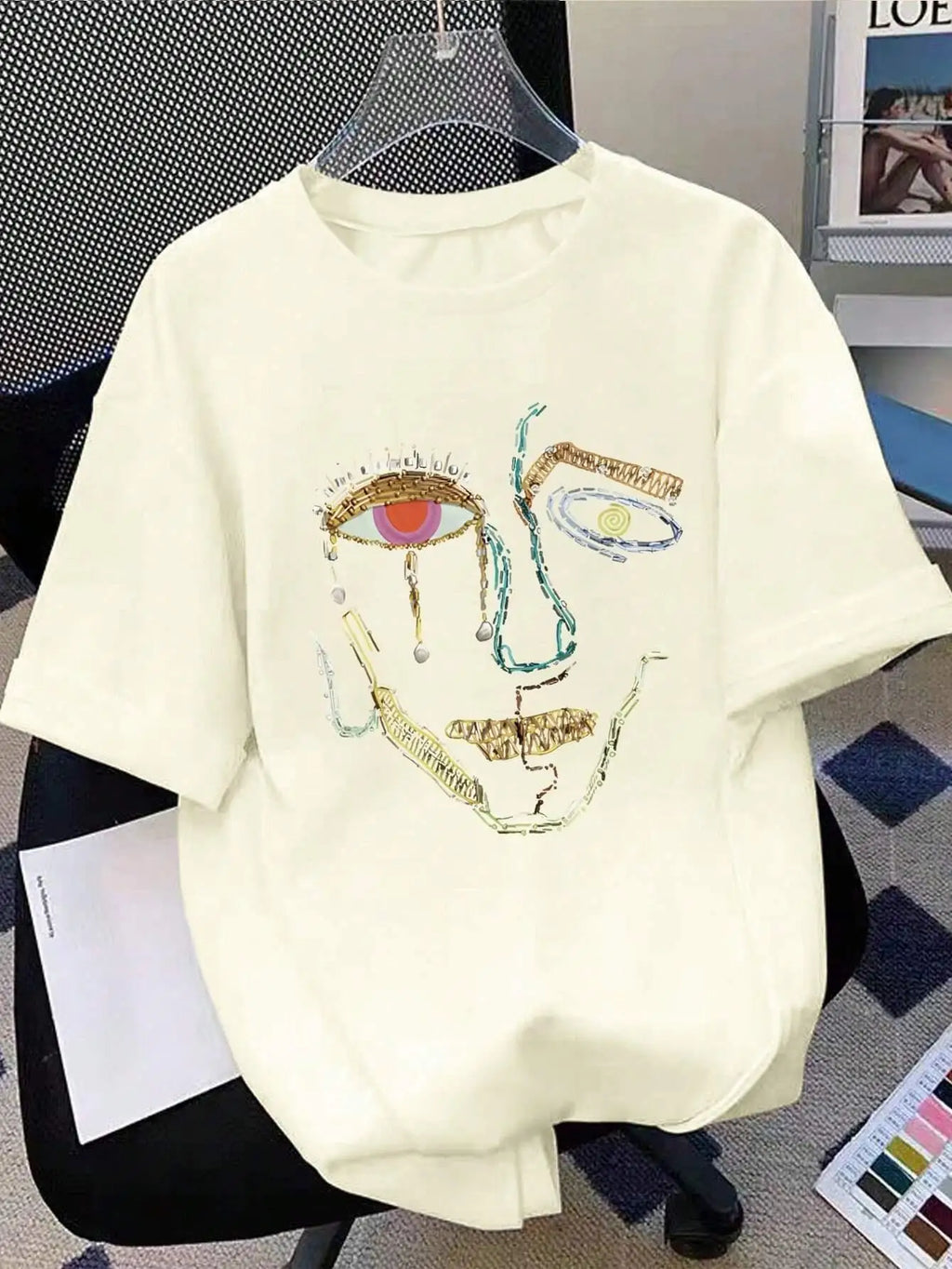 100% Cotton T-Shirts For Women Color Graffiti Woman's Face Printing Clothes Street Fashion Tops Loose Casual Short Sleeve Tees