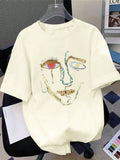100% Cotton T-Shirts For Women Color Graffiti Woman's Face Printing Clothes Street Fashion Tops Loose Casual Short Sleeve Tees