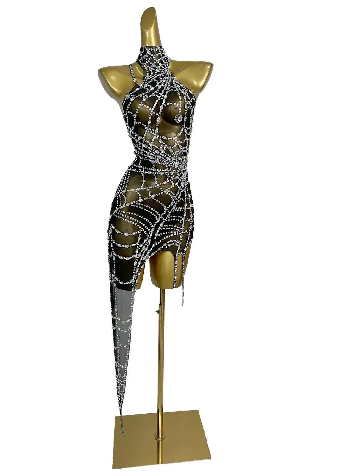 Zhizhu Black Mesh Irregular Dress Sexy Hollow Silver Rhinestone Spider Web Dress Bar Singer Dancer Celebrity Performance Costume