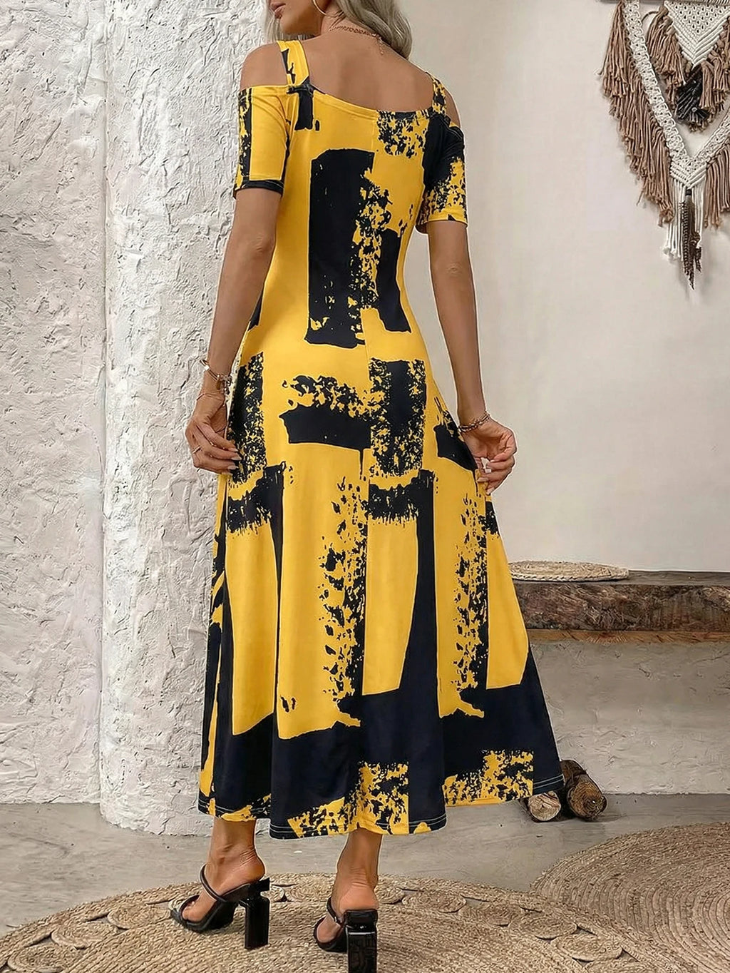 Plus Size Yellow Black Abstract Print Cold Shoulder Maxi Dress Summer Casual Short Sleeve A Line Flowy Long Sundress