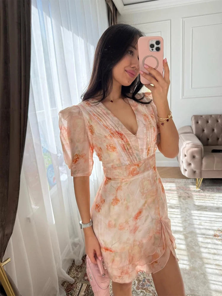 Fashion Printed Short Puff Sleeve Women's Summer Dress Y2k Sexy V-neck Layered Ruffle Hem Corset Skirt Vestidos 2026 Outfit New