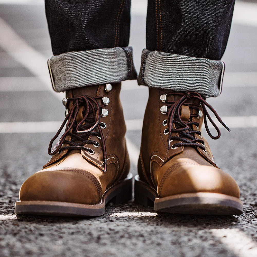 Maden 8111 - Full-Grain Crazy Horse Leather Ankle Boots - Retro Workwear Lace-Up