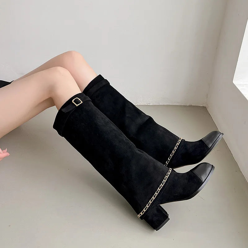 Suede Knee-High Boots – Turned-Over Edge Chunky Heel