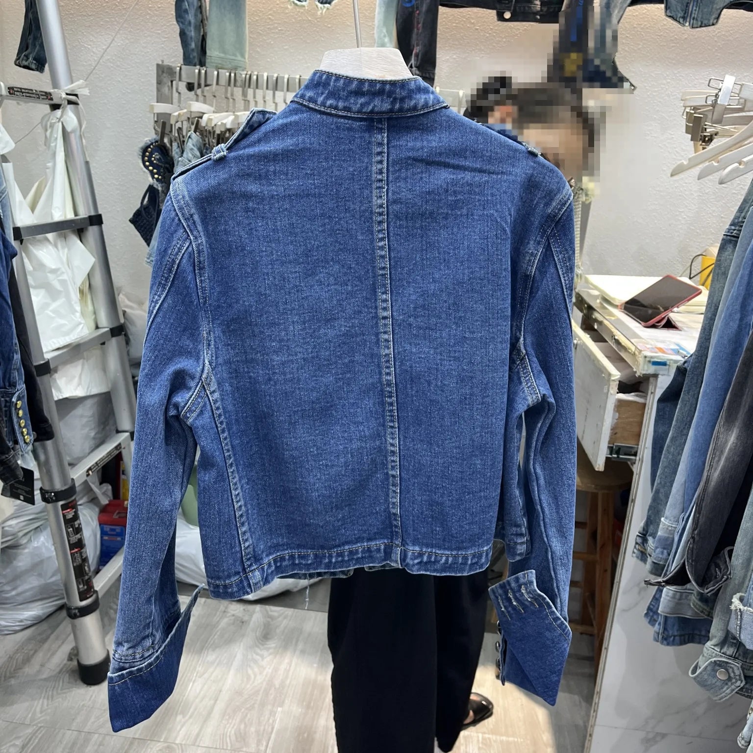 Distressed Washed Denim Coat - Stand Collar