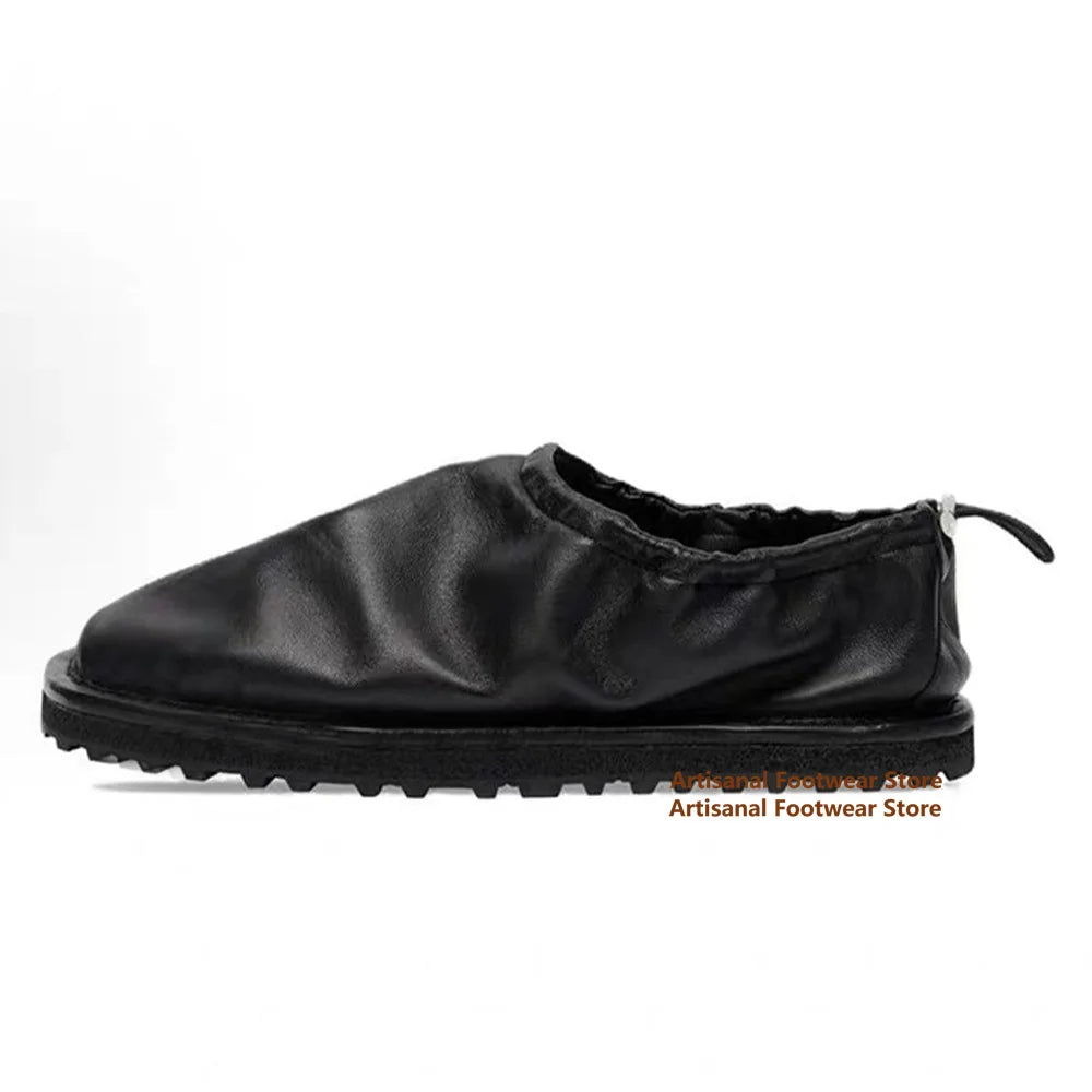 SQUARE EASE - Square Toe Elastic Strap Loafers - Wrinkled Leather, Flat Sole