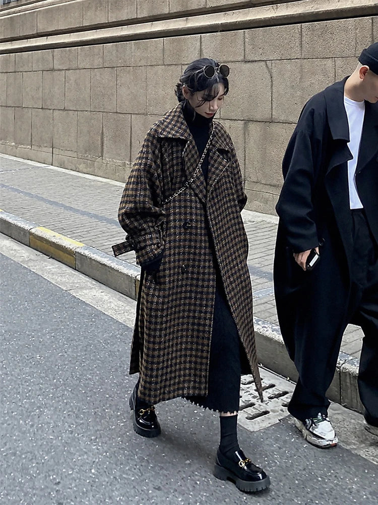 Plaid Woolen Coat – Long Double Breasted Loose Fit