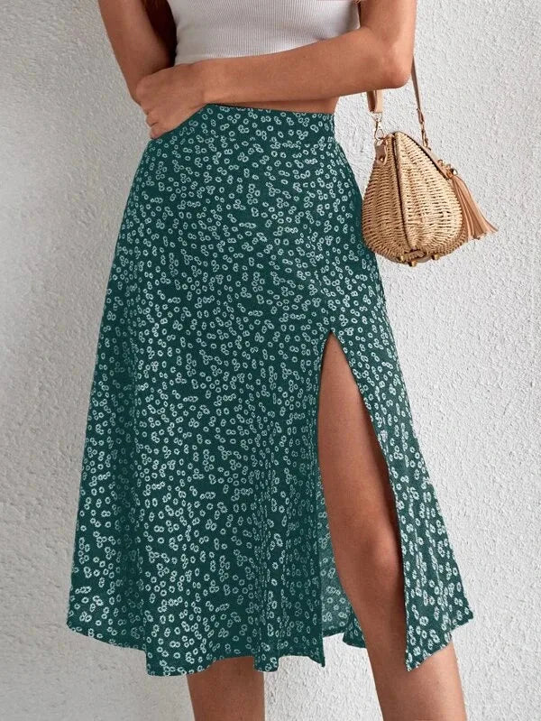 Spring and summer new women's versatile floral zipper split A-line skirt