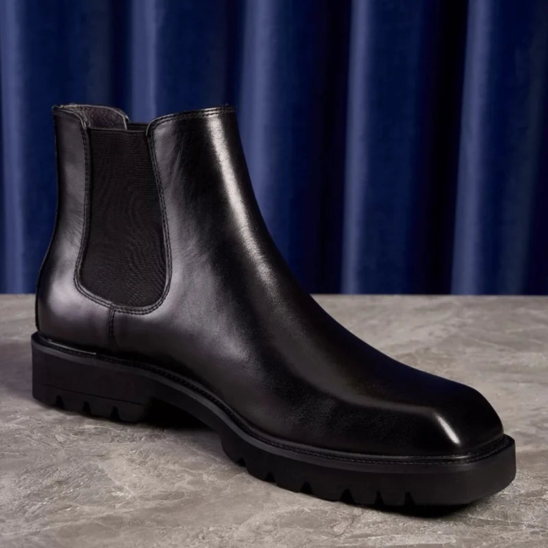 SQUARE BRIT - Men's Genuine Leather Chelsea Boots - Square Toe, High-Top, Thick Sole