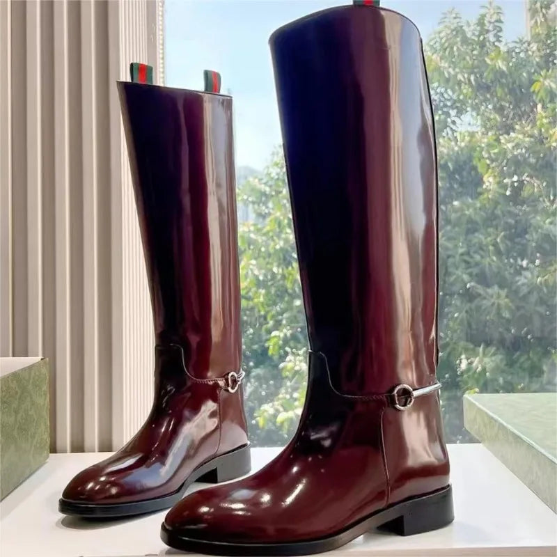 Patent Leather Slip-On Knee-High Boots – Low Heel