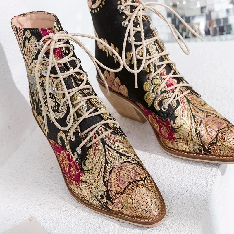 Floral Embroidered Silk Ankle Boots – Statement Heel