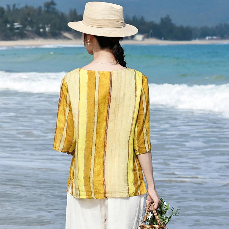 100% Linen Women Casual T-shirts New Arrival 2026 Summer O-neck Striped Loose Comfortable Female Half Sleeve Tops Tees M2571