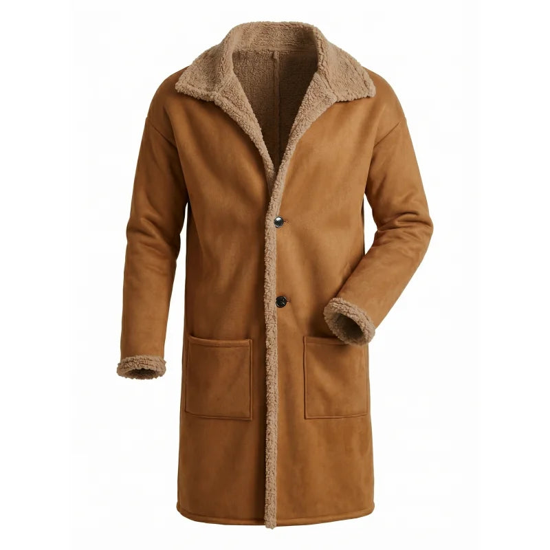 WINTER LONG FLEECE COAT - Men's Windproof Overcoat Turn-Down Collar Single Breasted England Style - Ginger / Burgundy / Black / Sky Blue
