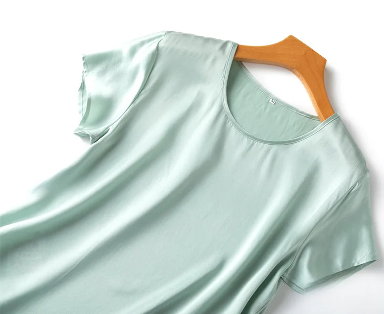100% Mulberry Silk 19 Momme Charmeuse Silk Women Tank Top T-shirt Short Sleeve Shirt Blouse Solid Colors Summer M L XL AA4270