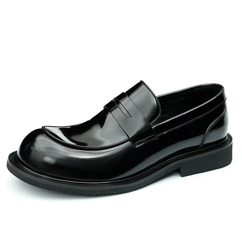 Men's Genuine Leather Slip-On Shoes - Bright Lacquered Round Toe British Style