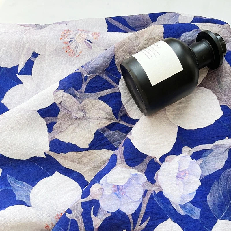 BLUE FLORAL COTTON-BLEND FABRIC - 150cm Wide, Continuous Length - Home Sewing