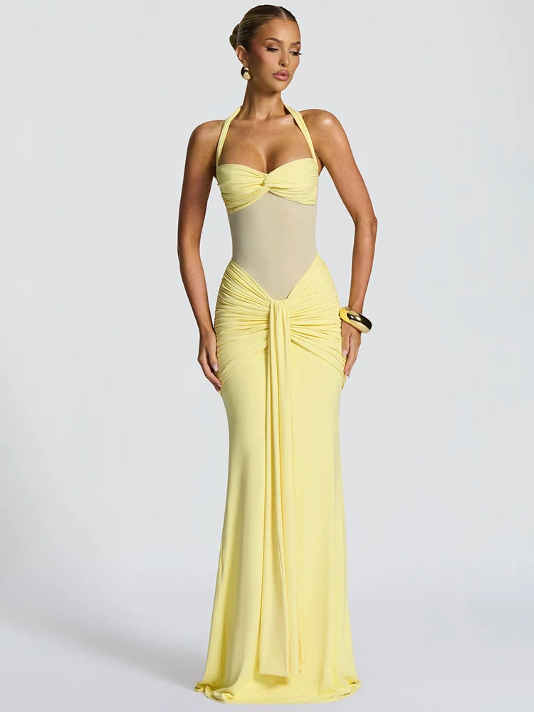 Mozision Halter Backless Sexy Maxi Dress Women Fashion Patchwork Off-shoulder Sleeveless Ruched Draped Bodycon Club Party Dress