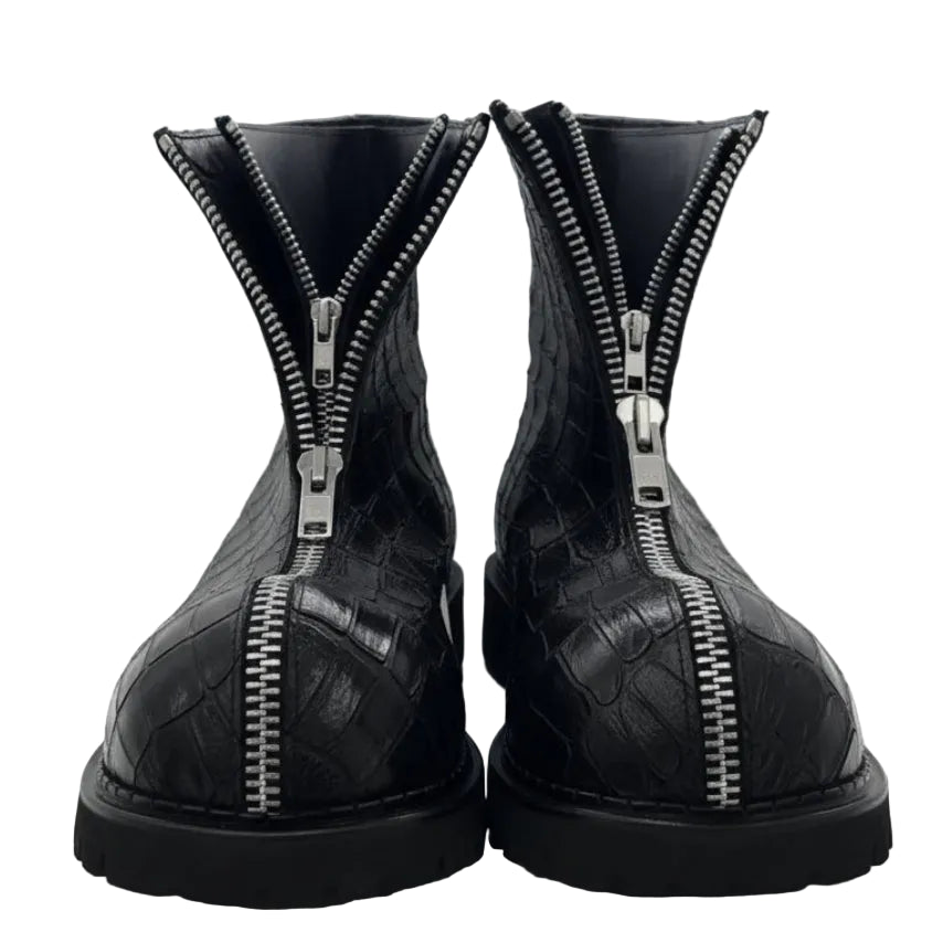 CROC NOIR - Men's Croc Embossed Leather Ankle Boots - Front Zip, Thick Platform, Gothic Style