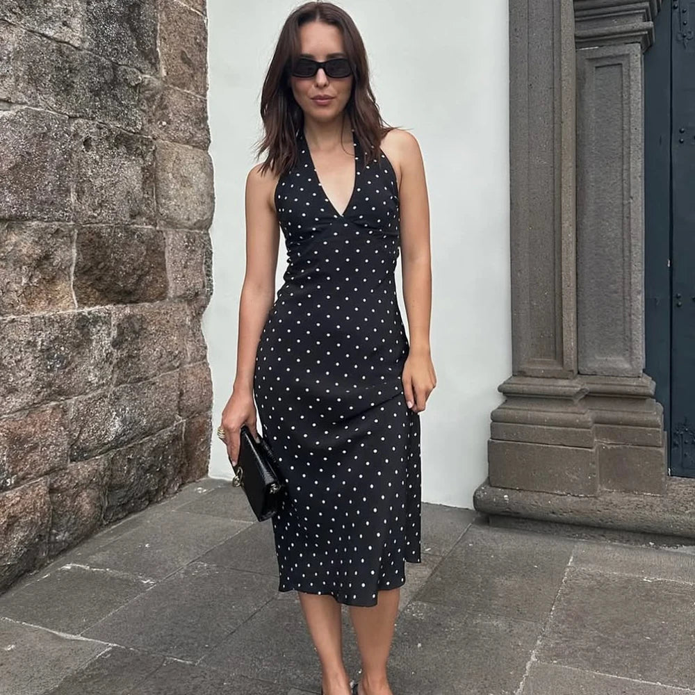 Tuularose Polka Dot Hanging Neck Long Dress Women Elegant Strapless Sexy Lace-up Sleeveless Backless Fashion Club Party Dresses