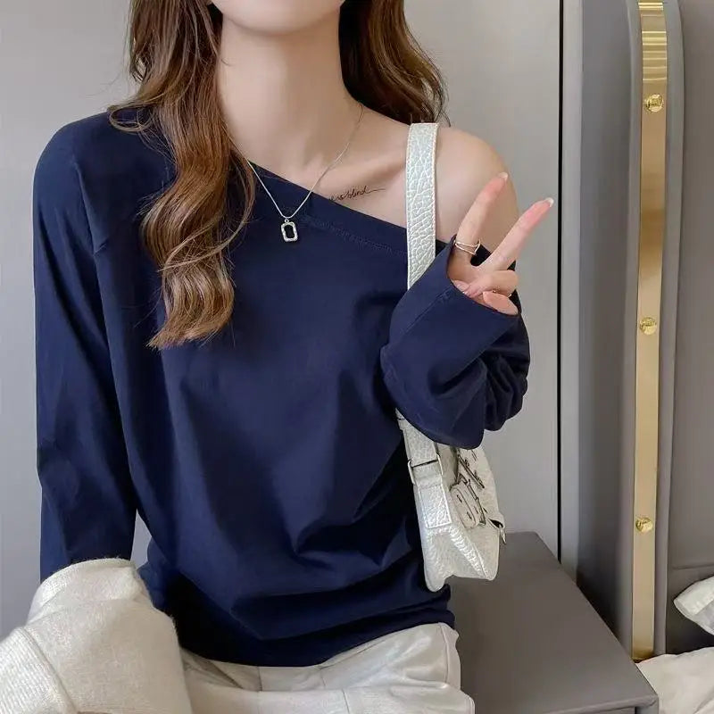 Autumn Winter One Shoulder Cotton Long Sleeve Slanted Shoulder Women's Clothing Style Inner Wide Truffle Shoulder Base Shirt