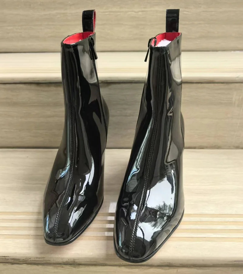PATENT NOIR - Men's Luxury Patent Leather Chelsea Boots - Pointed Toe, Handmade, Mid-Calf