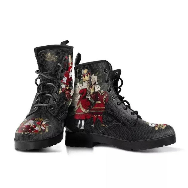 Women's Autumn Short Boots British Style Tooling Boots Skull Print Flower High-top Ladies Ankle Boots Vintage Botte Femme Hiver