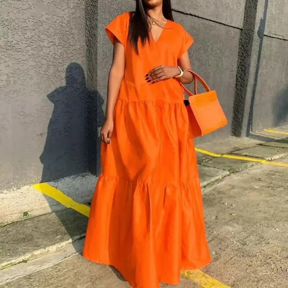 Tiered Maxi Dress – V-Neck Short Sleeve Loose A-Line Plus Size