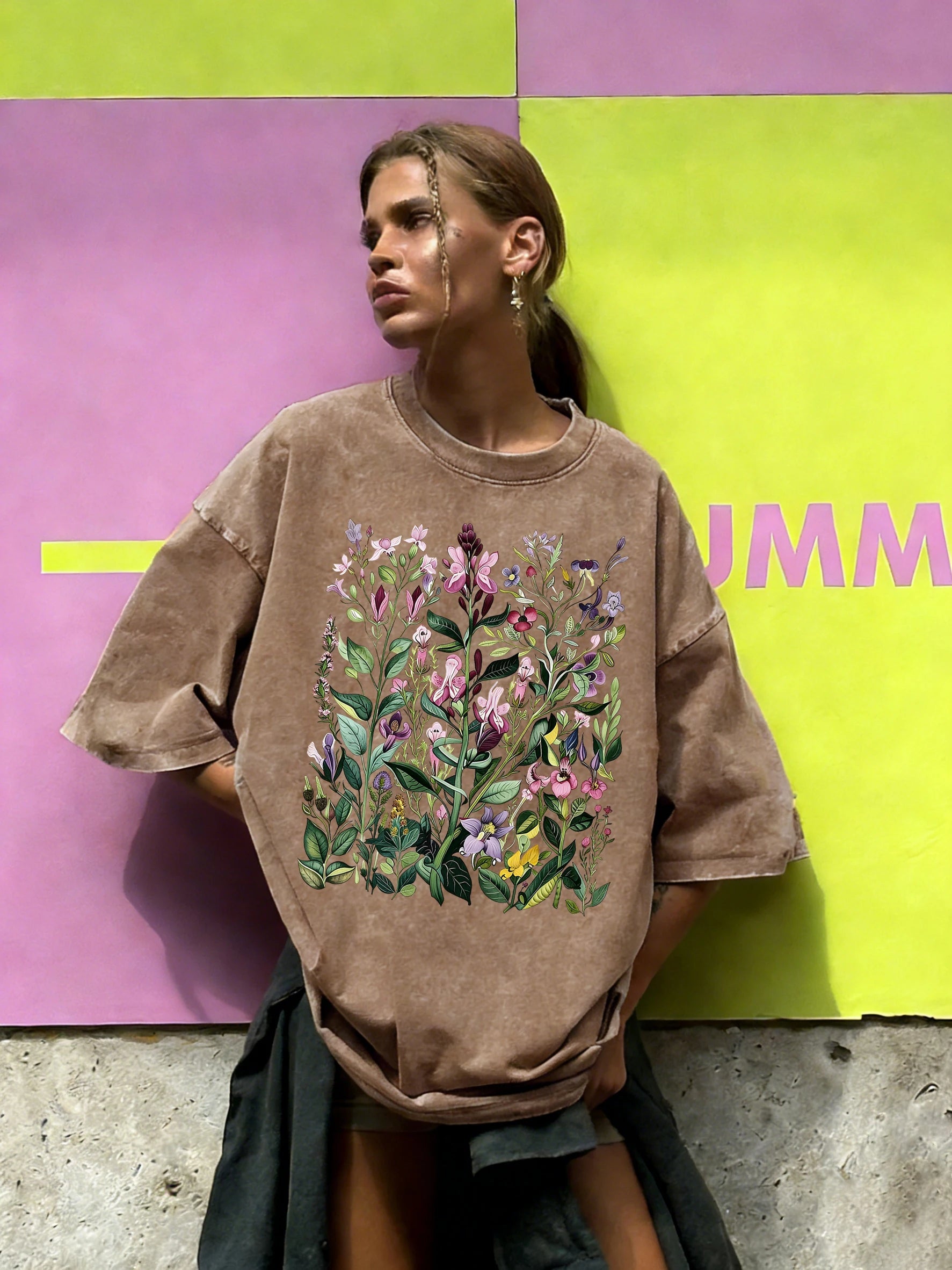 Having Different Beautiful Flowers Print Women Washed T Shirt Summer Loose T-Shirt Crewneck Cotton Clothes All-Match Streetwear