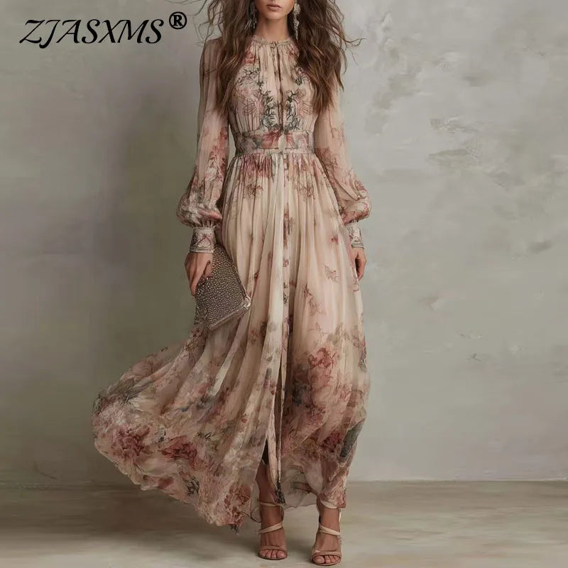 Vintage Floral Print High Waist Pleated Long Dress Woman Elegant O Neck Slim Party Dresses Spring Long Sleeve Boho Holiday Dress