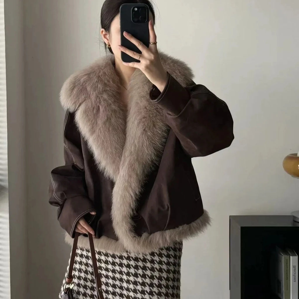Faux Fox Fur Collar Jacket – Short Slim Winter Coat