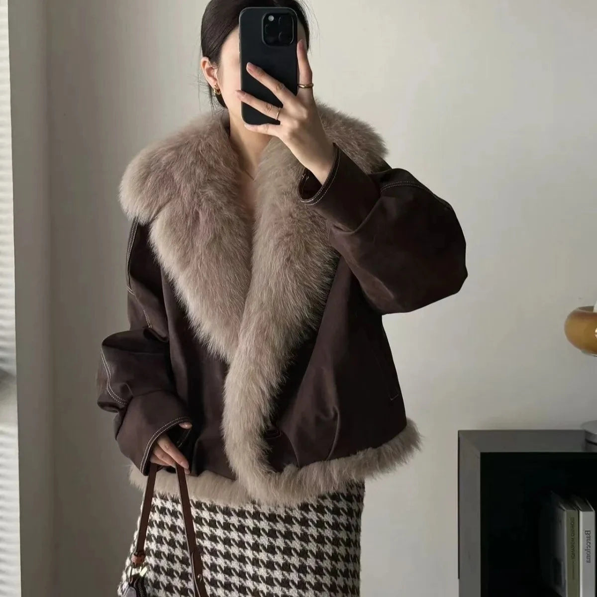 Faux Fox Fur Collar Jacket – Short Slim Winter Coat