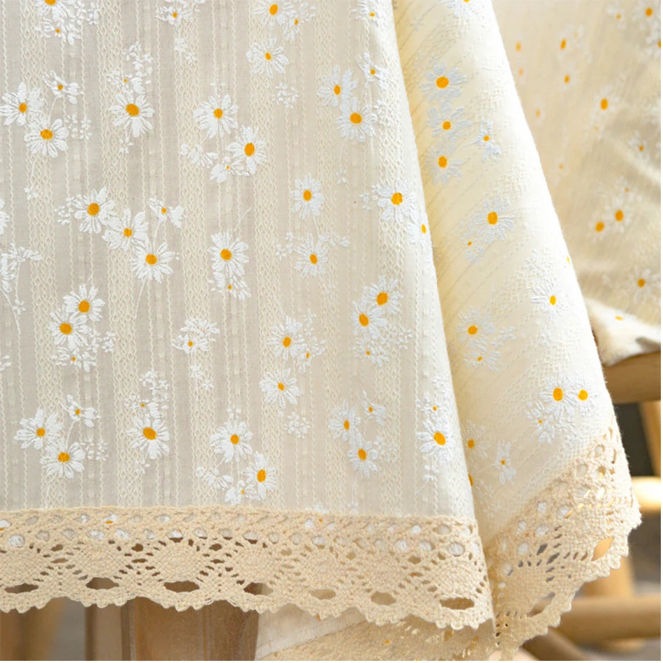 DAISY FLORAL COTTON TABLECLOTH - Embroidered, 11 Styles, Round & Rectangle - Garden Table